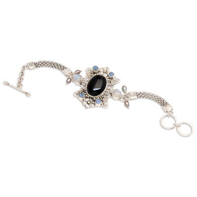 Armband aus Zuchtperlen und Onyx - Regenbogen-Mondstein-Perlen- und Onyx-Armband