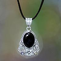 Onyx and amethyst flower necklace, 'Empress Garden' - Onyx Amethyst Citrine and Sterling Silver Necklace Jewellery