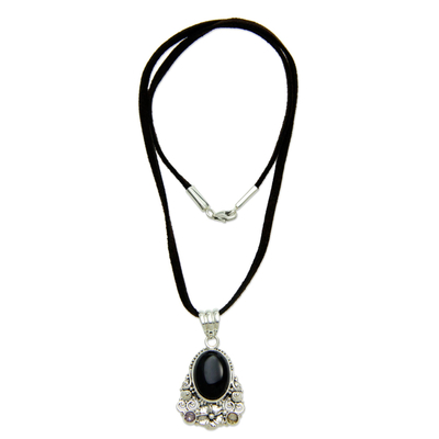 Halskette mit Blumen aus Onyx und Amethyst - Halskettenschmuck aus Onyx, Amethyst, Citrin und Sterlingsilber