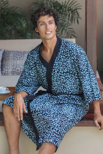 Men's cotton batik robe, 'Midnight Blues' - Men's Cotton Robe in Hand Stamped Batik