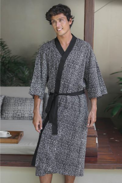 Men's cotton batik robe, 'Asteroids' - Men's Cotton Robe in Hand Stamped Batik