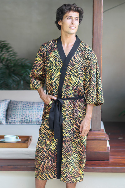 Men's cotton batik robe, 'Java Gold' - Men's Cotton Robe in Hand Stamped Batik
