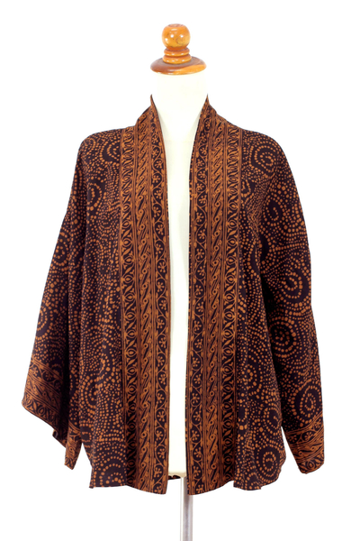 Batik-Kimonojacke - Kurze Kimonojacke aus braunem und schwarzem Batik-Rayon