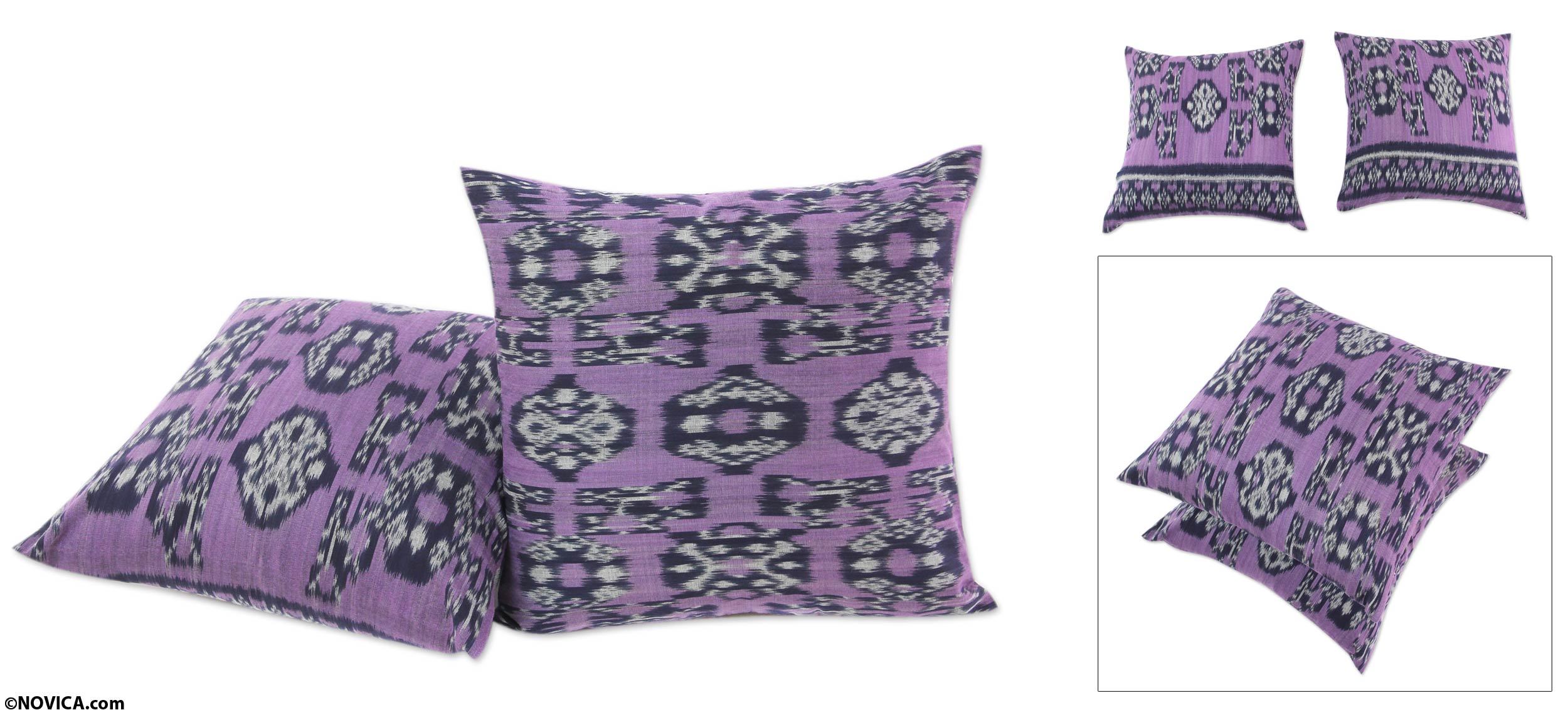 Ikat Cushion Covers Purple And Blue Hand Woven Pair Jepara