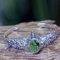 Amethyst and peridot cuff bracelet, 'Turquoise Turtle' - Balinese Turtle Cuff Bracelet