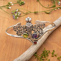 Amethyst and peridot cuff bracelet, 'Diaphanous Dragonfly' - Balinese Dragonfly Cuff Bracelet