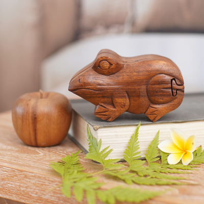 Wood puzzle box, 'Balinese Frog' - Hand Carved Balinese Wood Puzzle Box
