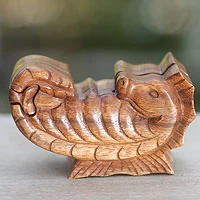 Wood puzzle box, 'Balinese Seahorse' - Balinese Suar Wood Puzzle Box 