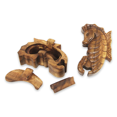 Wood puzzle box, 'Balinese Seahorse' - Hand Carved Balinese Wood Puzzle Box