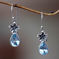 Blue topaz dangle earrings, 'Plumeria Dew'