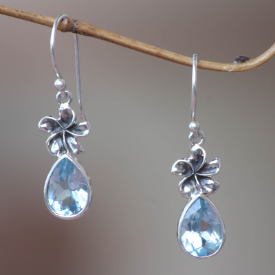 Blue topaz dangle earrings, 'Plumeria Dew' - Blue Topaz Floral Earrings