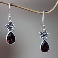 Garnet dangle earrings, 'Plumeria Dew' - Handcrafted Garnet Earrings from Bali and Java