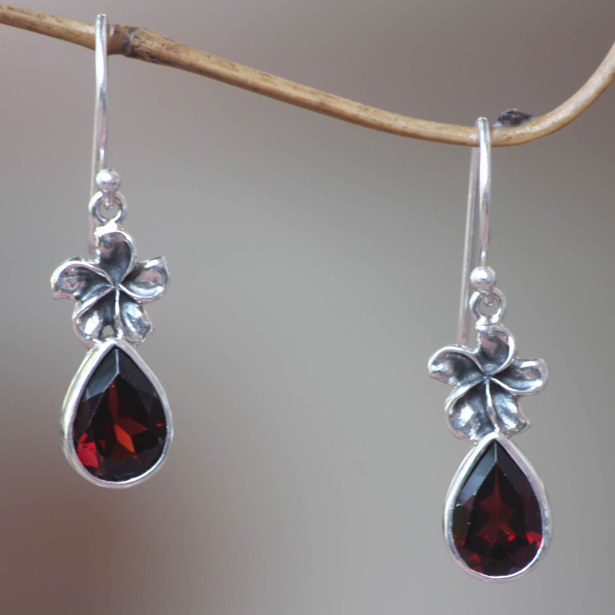 Garnet Floral Earrings from Indonesia - Plumeria Dew | NOVICA