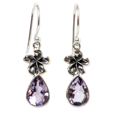 Amethyst dangle earrings, 'Plumeria Dew' - Hand Made Amethyst Floral Earrings