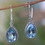 Blue topaz dangle earrings, 'Sparkling Dew' - Handcrafted Blue Topaz and Sterling Silver Earrings
