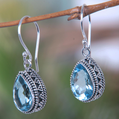 Blue topaz dangle earrings, 'Sparkling Dew' - Handcrafted Blue Topaz and Sterling Silver Earrings