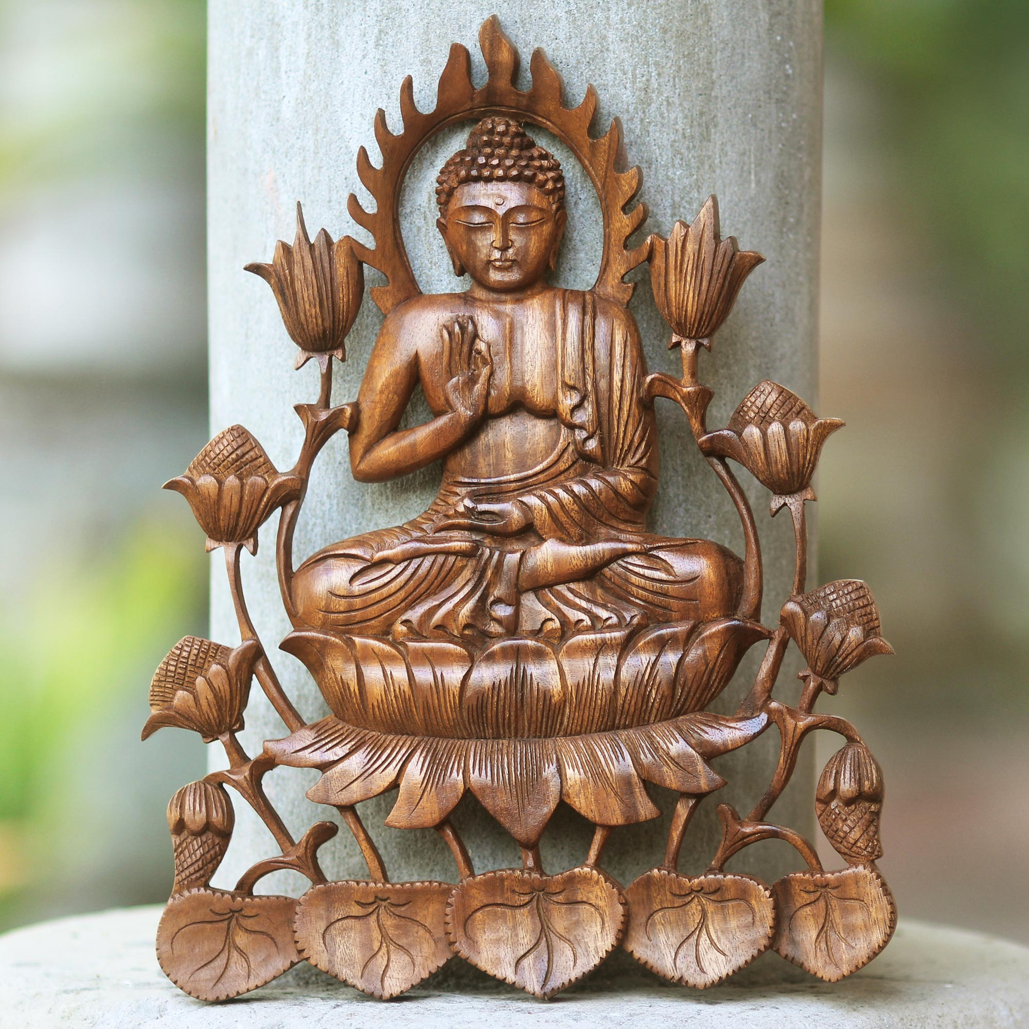 Wood Buddha Relief Panel Hand Carved 'Lotus Buddha' NOVICA Bali 