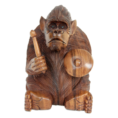 Wood statuette, 'Orangutan Plays the Kempur' - Vivid Wood Sculpture Carved by Hand