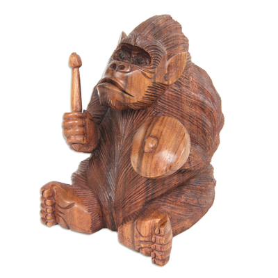 Wood statuette, 'Orangutan Plays the Kempur' - Vivid Wood Sculpture Carved by Hand