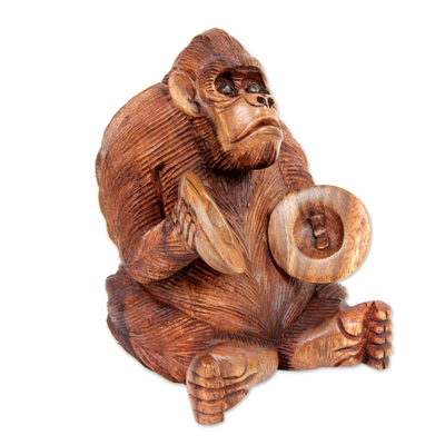 Wood statuette, 'Orangutan Plays the Ceng-ceng' - Hand-carved Sculpture from Bali