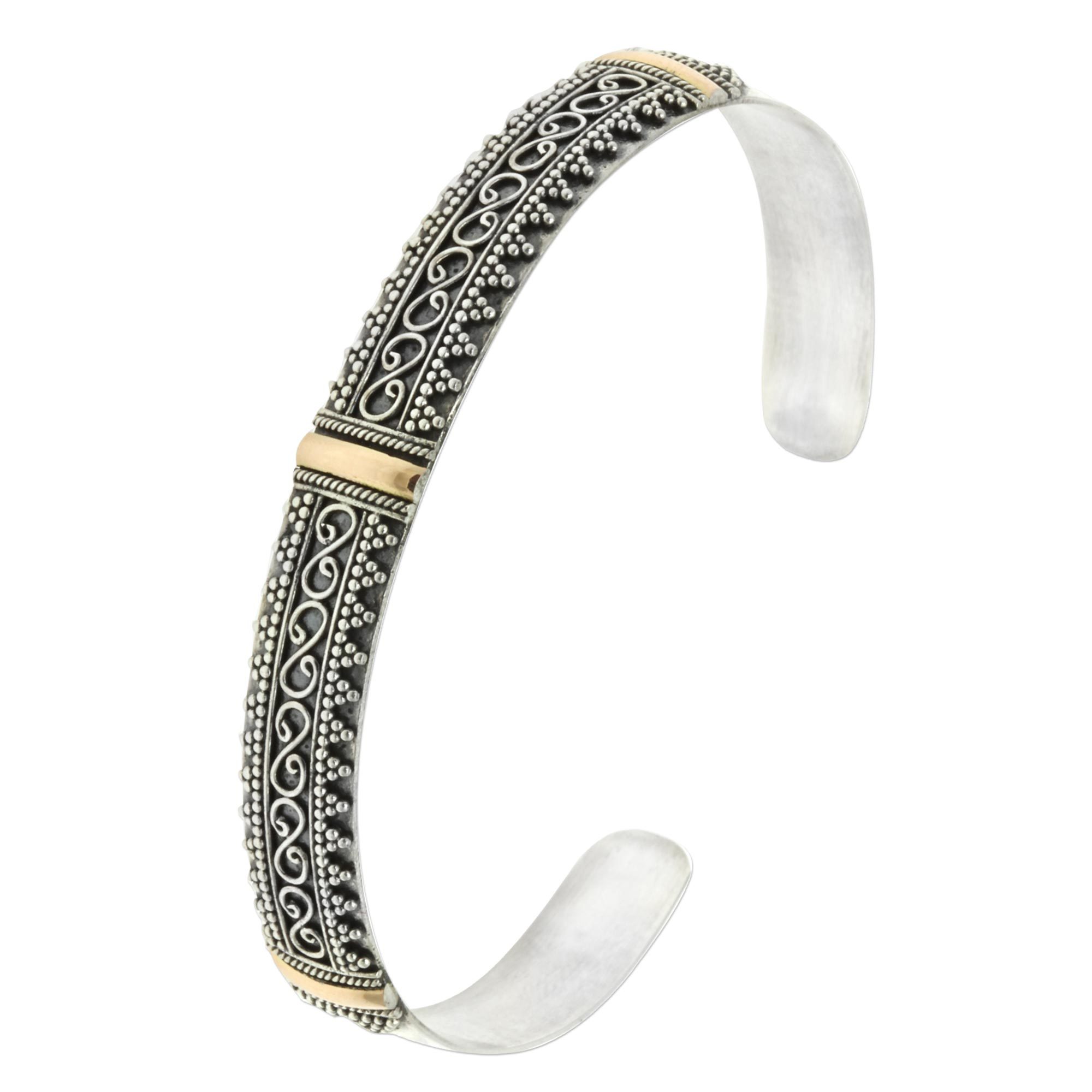 Sterling Silver Cuff Bracelet with 18k Gold Accents Balinese Lace
