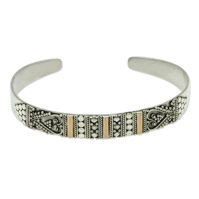Gold accent cuff bracelet, 'Between Hearts' - Fair Trade Cuff Bracelet with 18k Gold Accents