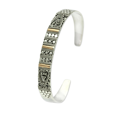 Gold accent cuff bracelet, 'Between Hearts' - Fair Trade Cuff Bracelet with 18k Gold Accents