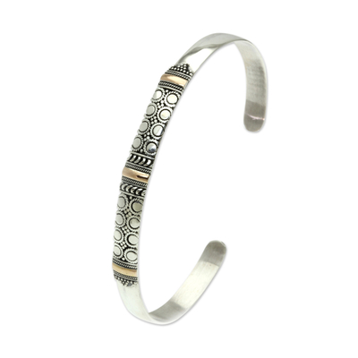 Gold accent cuff bracelet, 'Hypnotic Moon' - Balinese Silver Cuff Bracelet with 18k Gold Accents