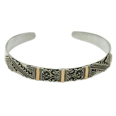 Gold accent cuff bracelet, 'Affair of the Heart' - Balinese Silver Cuff Bracelet with 18k Gold Accents
