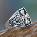 Men's sterling silver signet ring, 'Brave Knight' - Cross Signet Sterling Silver Ring for Men