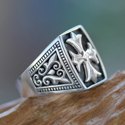 Men's sterling silver signet ring, 'Brave Knight' - Cross Signet Sterling Silver Ring for Men