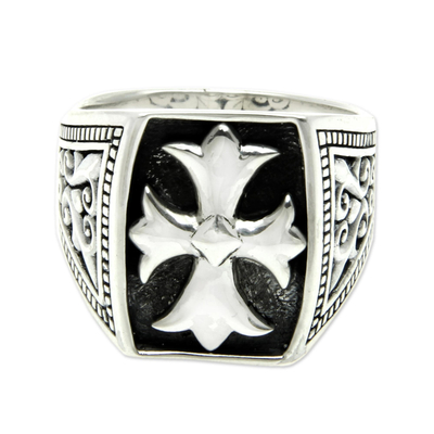Men's sterling silver signet ring, 'Brave Knight' - Cross Signet Sterling Silver Ring for Men