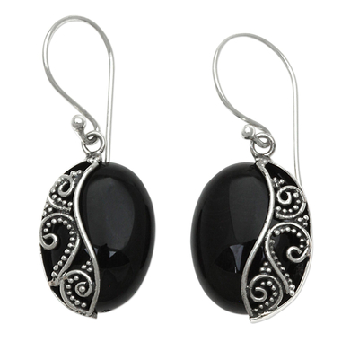 Onyx dangle earrings, 'Serene Night' - Artisan Crafted Onyx and Sterling Silver Earrings