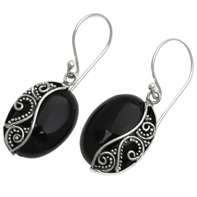 Onyx dangle earrings, 'Serene Night' - Artisan Crafted Onyx and Sterling Silver Earrings