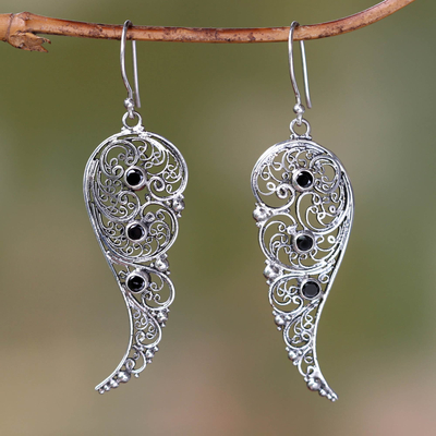 Onyx dangle earrings, 'Fairy Wings' - Original Sterling Silver Earrings with Onyx Gems