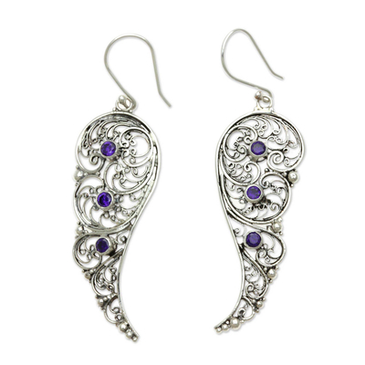Amethyst dangle earrings, 'Fairy Wings' - Unique Amethyst and Sterling Silver Earrings