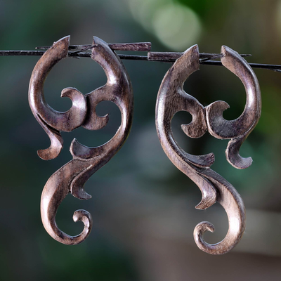 Wood drop earrings, 'Bali Forest' - Handcrafted Body Jewelry Wood Earrings