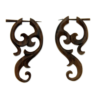 Wood drop earrings, 'Bali Forest' - Handcrafted Body Jewelry Wood Earrings