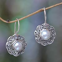 Cultured pearl drop earrings, 'Plumeria Moon'