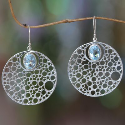 Blue topaz dangle earrings, 'Bubbles' - Modern Hand Made Blue Topaz Earrings from Bali