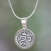 Sterling silver pendant necklace, 'Om Halo' - Balinese Hindu Om Necklace