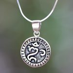 Sterling silver pendant necklace, 'Om Halo' - Balinese Hindu Om Necklace