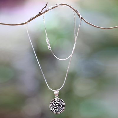 Sterling silver pendant necklace, 'Om Halo' - Balinese Hindu Om Necklace
