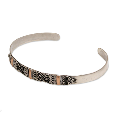 Gold accent cuff bracelet, 'Sweetheart' - Gold Accent Balinese Silver Bracelet