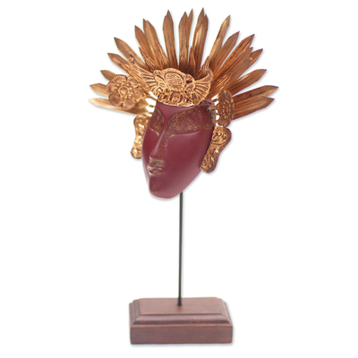 Máscara de madera y cobre - Máscara de exhibición javanesa hecha a mano artesanalmente