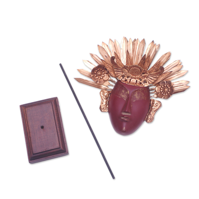 Wood and copper mask, 'Golden Sun Empress' - Artisan Crafted Javanese Display Mask