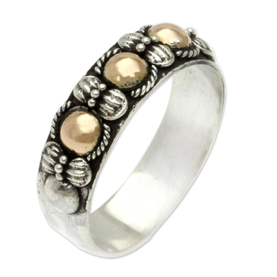 Gold accent band ring, 'Five Moons' - Hand Crafted Silver Ring with Accents in 18k Gold