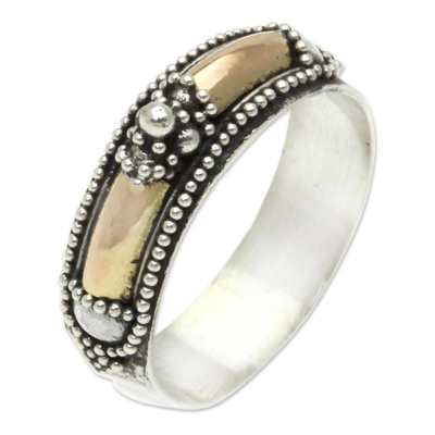 Gold accent band ring, 'Royal Temple' - Hand Crafted Silver Ring with Accents in 18k Gold