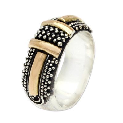 Gold accent band ring, 'Noble Treasure' - Hand Crafted 18k Gold Accent Sterling Silver Ring