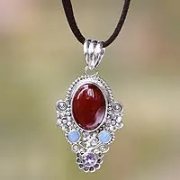 Carnelian and opal pendant necklace, 'Floral Paradise'